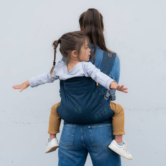 Toddler being worn in a Beco Toddler carrier with her arms out wide, viewed from behind