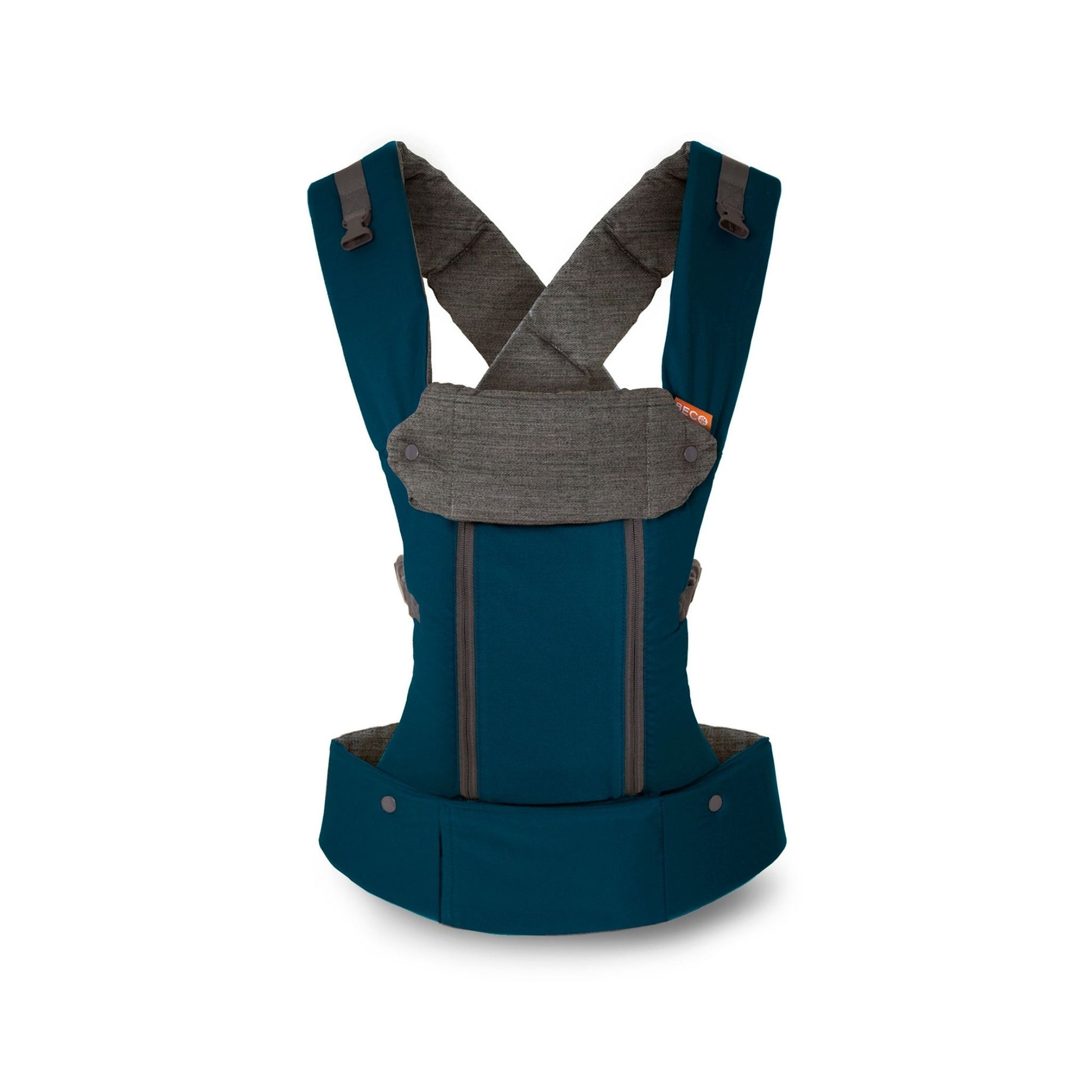 product photograph of a teal Beco8 baby carrier with the back panel zipped up