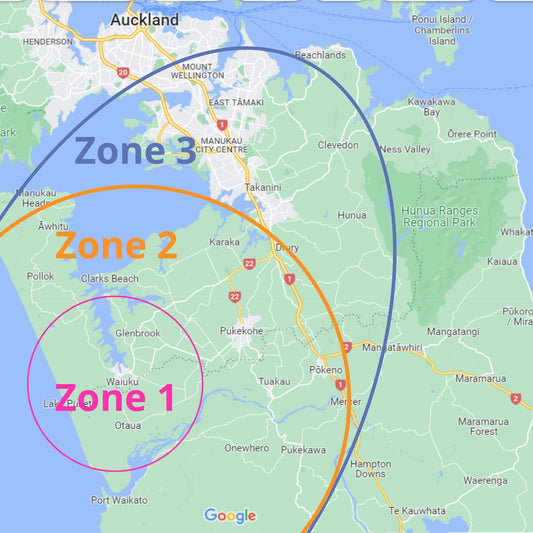 Map of Auckland with zones of travel centered on Waiuku indicated