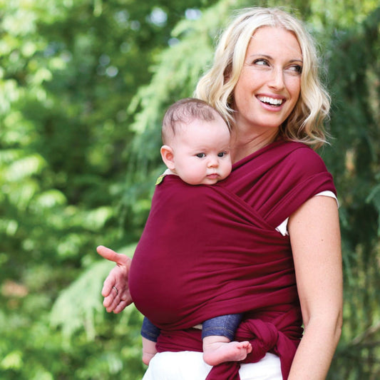 Woman wearing a Sangria Boba Stretchy wrap